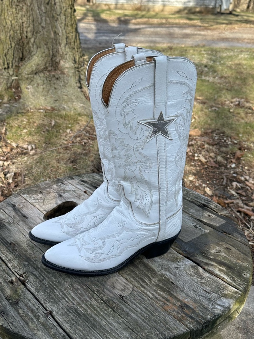 Lucchese Dallas Cowboy Cheerleader Boots 9 White Star Embroidered Football - Picture 8 of 13